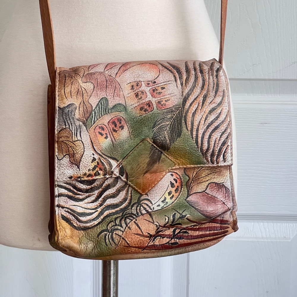 Hand Painted Leather Crossbody Bag Womens Small Tropical Boho Tan Multi